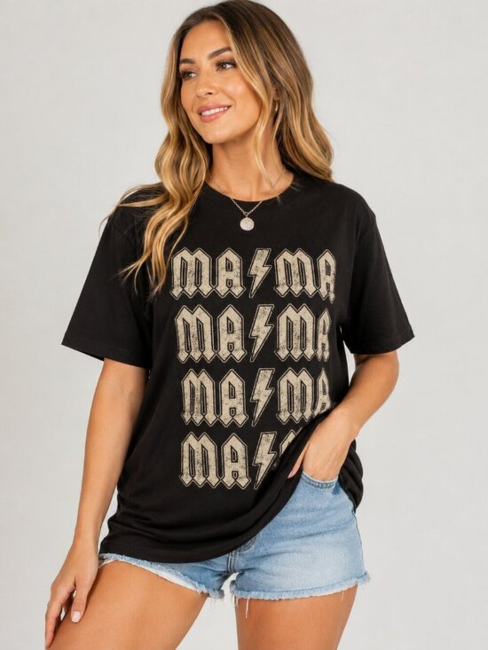 Black MAMA Lightning Bolt Graphic Tee Retro Rock Style NWT